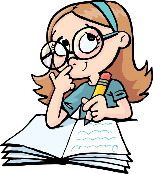 Girl Works Homework Thinks Task — Stock Vector