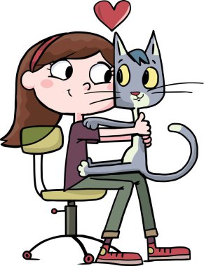 bir çalışma koltuğunda otururken kucaklamak kız ve bir kedi