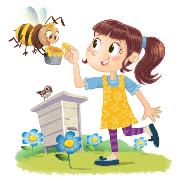 Biene Und Ein Kleines Mädchen Vor Einem Bienenstock — Stockfoto