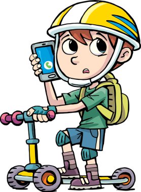 küçük çocuk üç tekerlekli scooter sürmek ve bir cep telefonu üzerinde konuşuyor