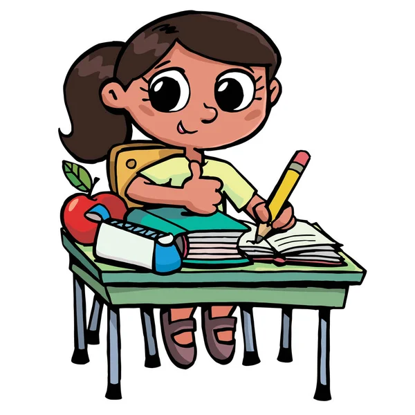 Little Mexican Girl School Bench Successfully Completes Test — Stock Vector