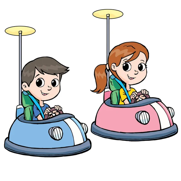 遊園地でバンパーカーの少年と少女 — ストックベクタ