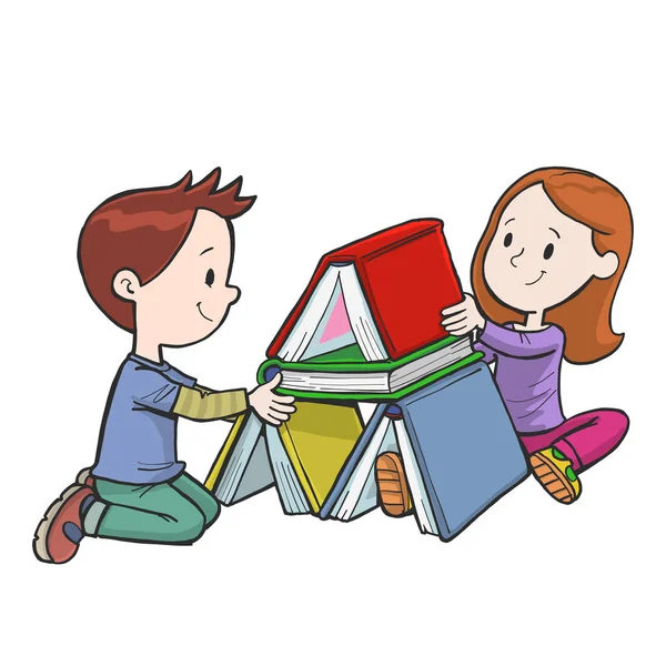 Αγόρι Και Κορίτσι Παίζουν Βιβλία Και Δημιουργούν Έναν Πύργο — Διανυσματικό Αρχείο