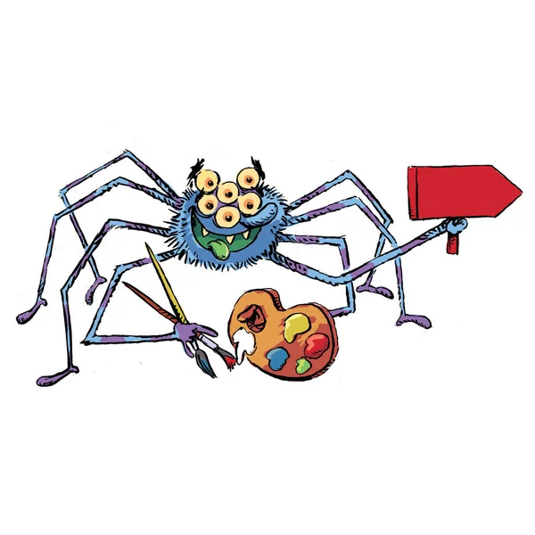 Caricatura Pintor Aranha Com Acessórios Com Poste Sinalização Mão — Fotografia de Stock