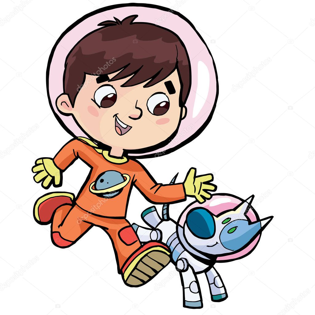 boy in a space suit in race with a dog who is a robot