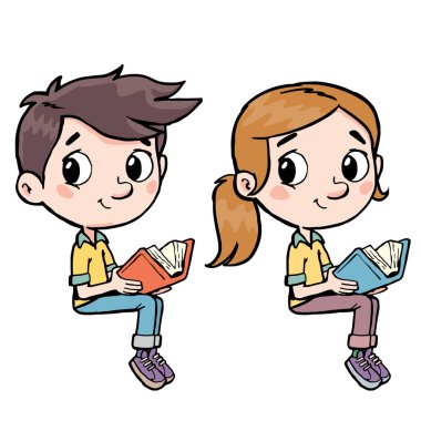 Bir kız ve bir oğlan bir köşede açık bir kitapla oturuyorlar ve bize bir bak.