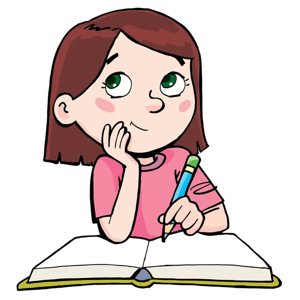 Chica Piensa Escribe Cuaderno Apoya Cabeza Mano — Vector de stock
