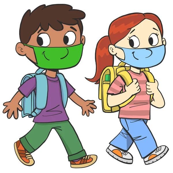 顔にマスクをした男の子と女の子は喜んで学校に行く — ストックベクタ