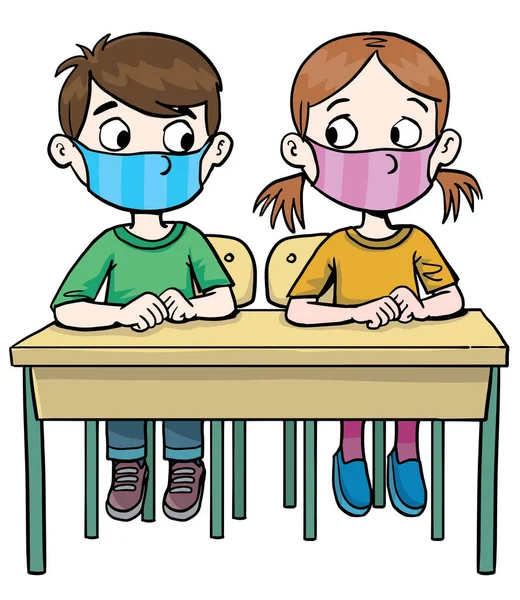 男孩和一个戴面具的女学生坐在学校的课桌上 — 图库矢量图片