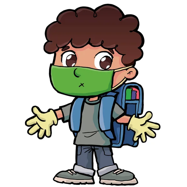 小男孩 戴着防护面具和手套 准备上学 — 图库矢量图片