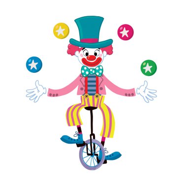 Tek tekerlekli bisiklete binen neşeli palyaço toplarla ustaca hokkabazlık yapıyor.