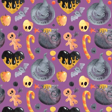 Cadılar Bayramı elemanları ile suluboya dikişsiz desen. El çizilmiş Cadılar Bayramı deseni.