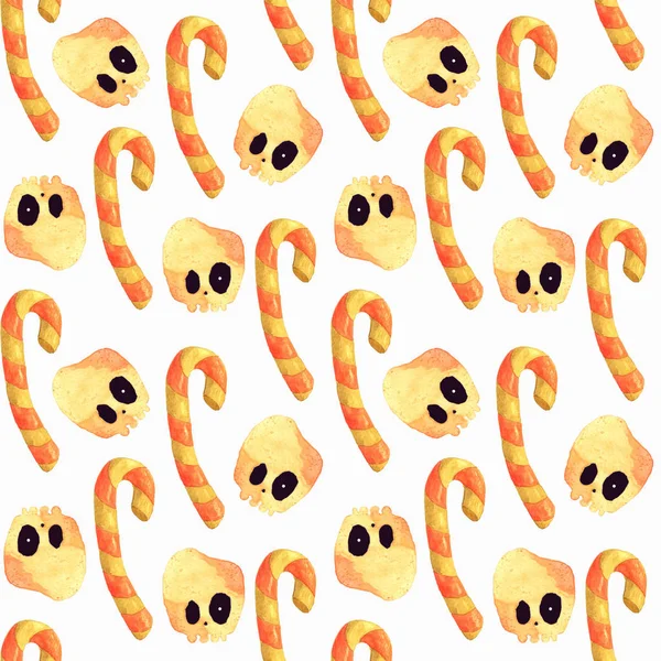 Cadılar Bayramı elemanları ile suluboya dikişsiz desen. El çizilmiş Cadılar Bayramı deseni.