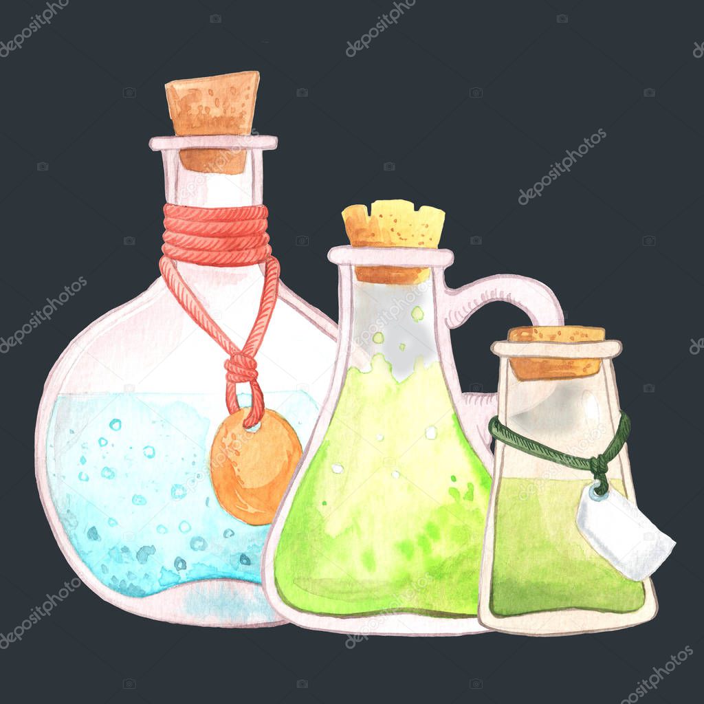 Watercolor magic flask with poison potion.
