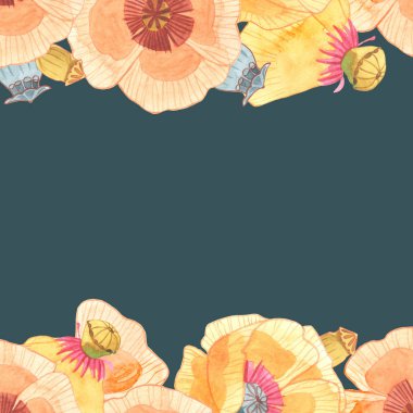 Renkli çiçeklerin parlak çerçevesi. Davetiye, tebrik kartı ve duvar kağıdı tasarımı için gelincik kavramı.