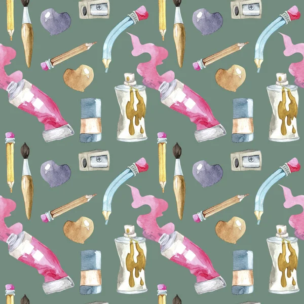 Seamless pattern with artists tools - brushes, paints, pencils. Hand-drawn watercolor background with art materials and tools.