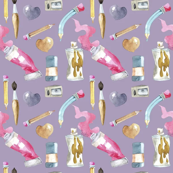 Seamless pattern with artists tools - brushes, paints, pencils. Hand-drawn watercolor background with art materials and tools.