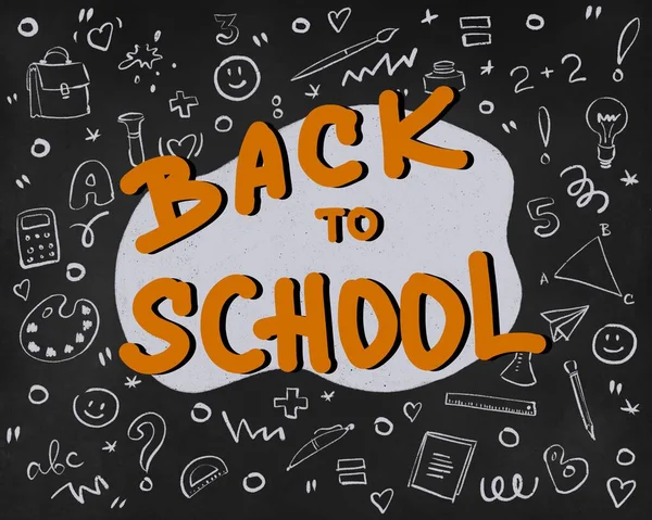 Welcome back to school text drawing by colorful chalk in blackboard with school  elements. Digital illustration banner.