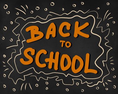 Tahtadaki elementlerle renkli tebeşirle çizilen okul metnine tekrar hoş geldiniz. Dijital illüstrasyon pankartı.