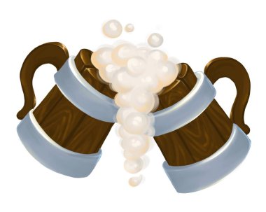 İki kupa biranın JPEG görüntüsü. Bol köpüklü içecekler. Beyaz arkaplanda izole.