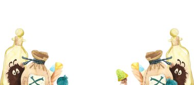 Canavar, tüy ve böğürtlenli suluboya sihirli pankart. Cadılar Bayramı sınırı.