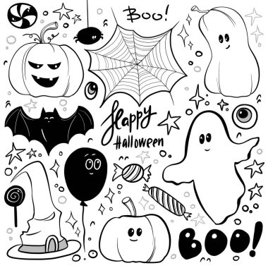 Beyaz arka planda Cadılar Bayramı siluetleri.