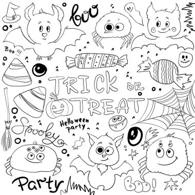 Dijital cadılar bayramı elementleri. Parlak el yapımı elementler, balkabakları, evler, mantarlar, kemikler, kafatasları, yıldızlar, şekerler.