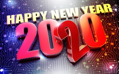 Mutlu Yıllar 2020 siyah elektronik devre yerleştirilen 3d render.;