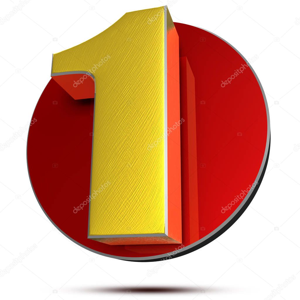 Number 1  3d rendering on white background.(with Clipping Path).