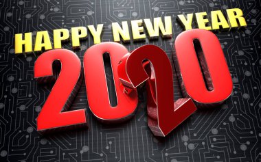 2020 Mutlu Yıllar 3d siyah elektronik devre üzerine yerleştirilen render.
