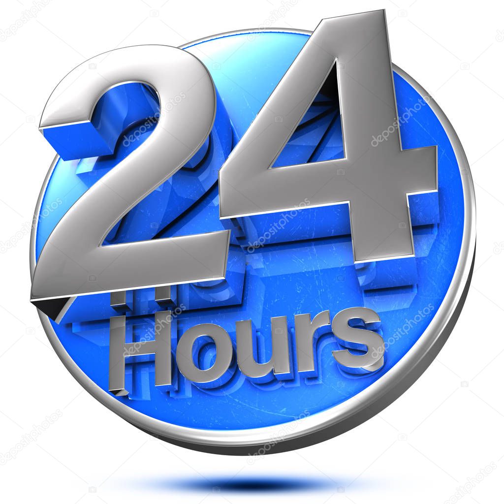 24 Hours 3d rendering on the blue circle behind the white background .(with Clipping Path).
