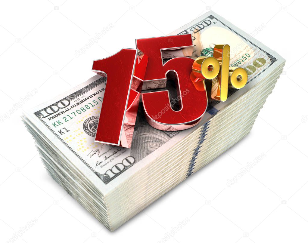 15 percent 3d rendering placed on a dollar bill on a white background.(with Clipping Path).