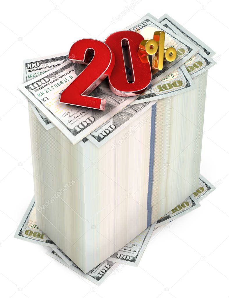 20 percent 3d rendering placed on a dollar bill on a white background.(with Clipping Path).