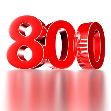 3D illüstrasyon Kırmızı numara 800 beyaz arka planda izole edilmiş bir yansıma var. (Kırpma Yolu ile).