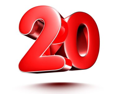 Beyaz arkaplan resimlerinde 20 kırmızı numara izole edildi. 3D görüntüleme. (Kırpma Yolu ile).