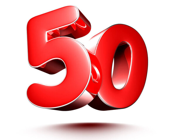 Red numbers 50 on white background illustration 3D rendering.(with Clipping Path).