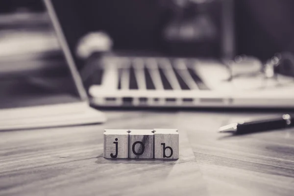 Cubo Madera Sellos Con Alfabetos Palabra Trabajo Mesa Oficina Cuaderno —  Fotos de Stock