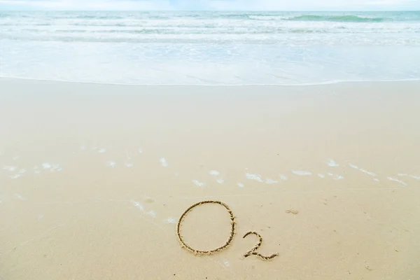 Das Sand Geschriebene Wort Sauerstoff Mit Dem Meer Hintergrund Thailändischer — Stockfoto