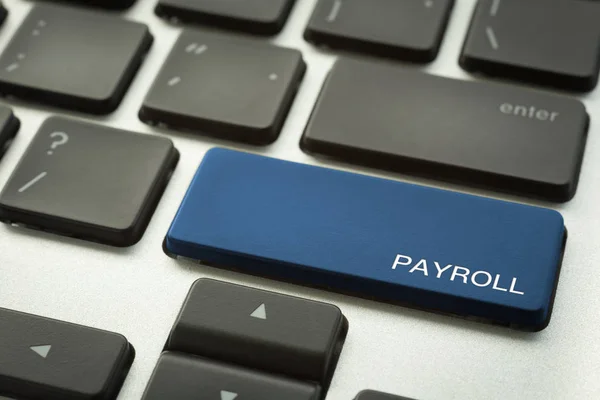 Cierre Botón Azul Teclado Portátil Enfoque Selectivo Palabra Payroll Recursos Fotos de stock
