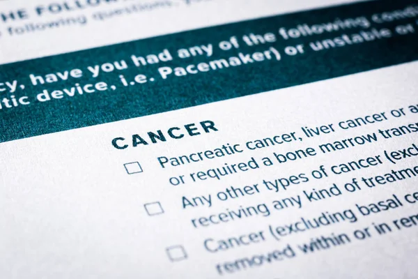 Närbild Bild Selektiv Fokus Cancer Sjukdom Innehållet Sjukförsäkring Frågeformulär Och — Stockfoto