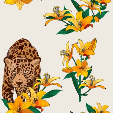 Leopar ve Sarı lilyum ile Dikişsiz desen.