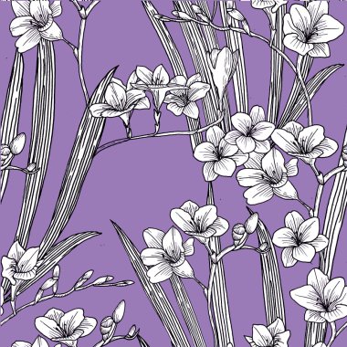 Fresia ile dikişsiz desen. Elle çizilmiş.