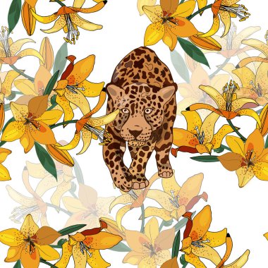 Sarı zambak ve leopar ile dikişsiz pettern.