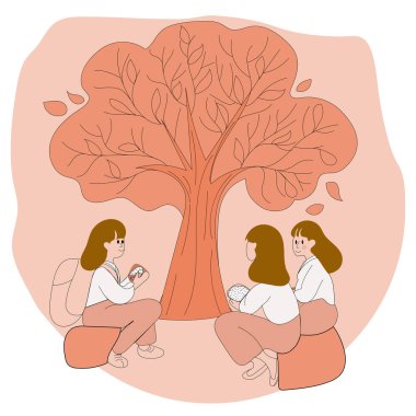 Bir grup öğrencinin ağaçların altında öğle yemeği yemesi, yaprakların dökülmesi, çizginin sadeliği, düz vektör çizimi.