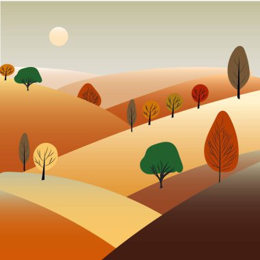 Cesur sonbahar manzarası, altın rengi ve kahverengi tonlu yuvarlanan tepeler, dağınık stilize ağaçlar, düz vektör tasarımı, güneş, temiz şekiller, hatları yok, modern sonbahar çizimi