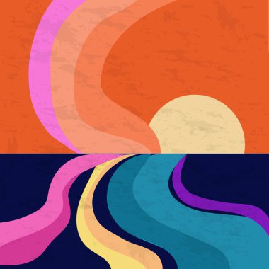akışkan günbatımı dalga sahnesi, harika soyut şekiller, düz akış eğrileri, sıcak renk turuncusu, pembe, mor, sarı, stilize dalgalar ve güneş, minimalist düz vektör canlandırması