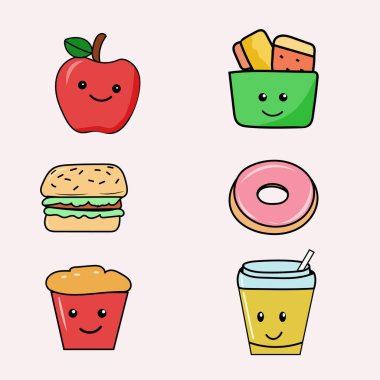 Kawaii Piknik Karakterleri Seti - şirin vektör karakterleri: mutlu sandviç, meyve suyu kutusu, elma, çörek, yüzleri kalın, düz çizgi, parlak düz renkler