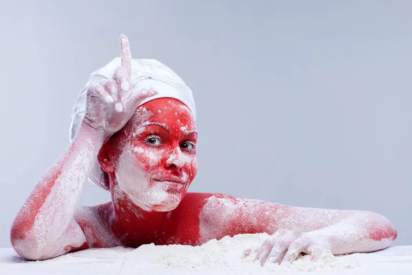 Young Girl Painted Red Little Devil Kitchen — Stock Photo, Image