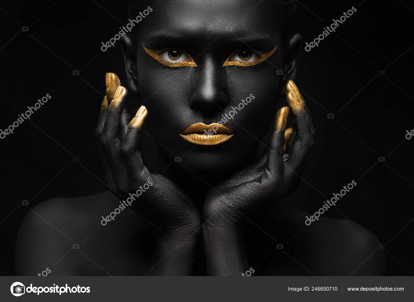 Black Background Black Woman Chic Gold Makeup Stock Photo by ...