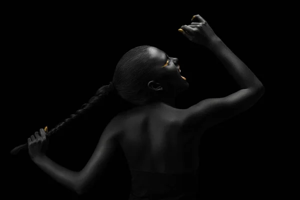 Black Background Black Woman Chic Gold Makeup — Stock Photo, Image